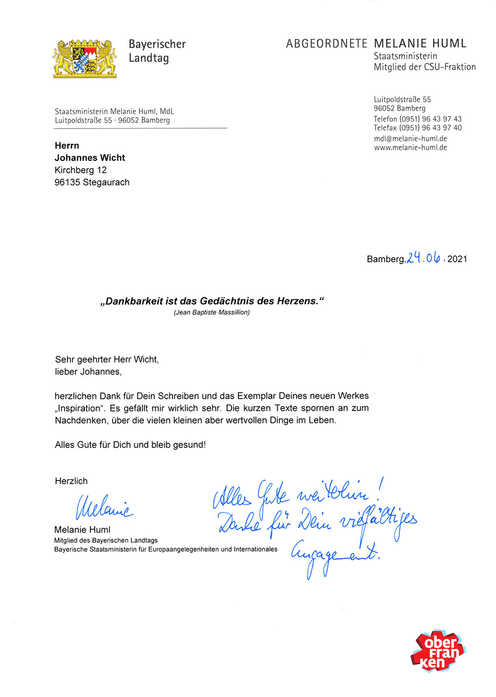 Dankschreiben Melanie Huml